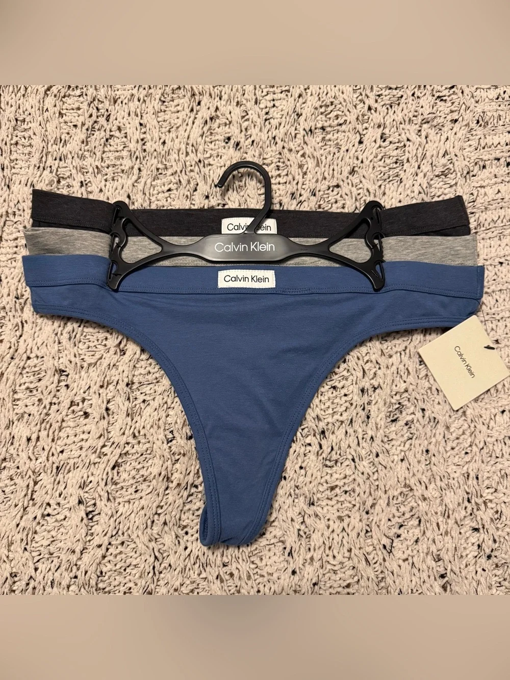 Calvin Klein Women's Thong Underwear 3 Pack Large Cotton Gray Charcoal Blue